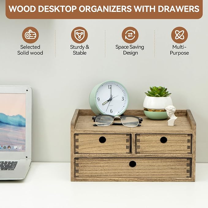 KIRIGEN Wooden Desk Organizer with 3 Drawers and Top Shelf Brown DT2D3C-DBR | 3-Drawer Cabinet with Top Shelf Stores Papers, Office Supplies, Cosmetics, Crafts, and Small Accessories on Desks or Counters