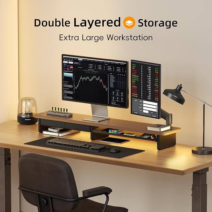 AFOOYO Large Dual Monitor Stand For Desk,43 Inch Desktop Computer Riser with Metal Drawer Desk Shelf Organizer For Computer/Laptop/PC/Printer/TV
