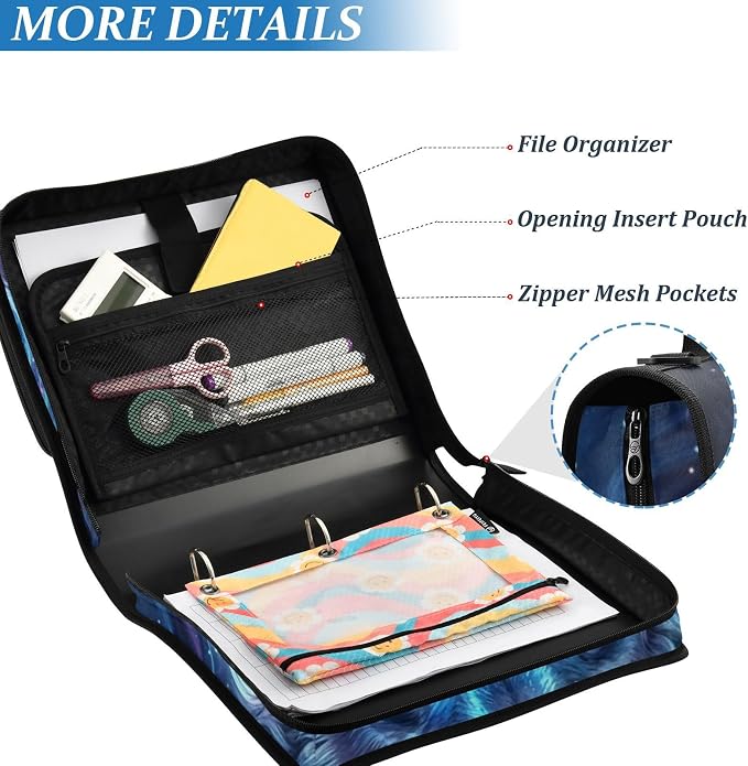 Wolf Space Star Pattern 3 Ring Zipper Binder with Shoulder Strap & Handle 2 Inch D-Ring Zippered Binder Bag with Multiple Pocket & Pencil Pouch, Binder Organizer for School or Office