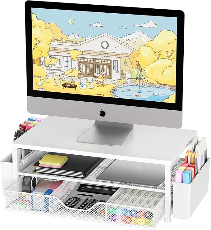 Desk Organizers and Accessories, Computer Monitor Stand Riser with Drawer and 2 Pen Holders, Printer & Laptop Stand, Office Desk Accessories & Workspace Organizers for Home Office Supplies, White Wood