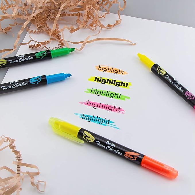Pentel Twin Checker Dual-tip Highlighter, Chisel Tip, Assorted Colors, Pack of 4 (SLW8BP4M)