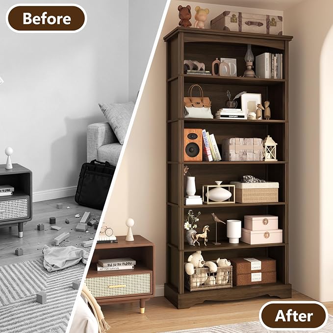 TVU 6-Tier Wooden Bookshelf, 76 Inch Tall Bookshelf with Storage, Floor Standing Modern Style Display Bookcase for Living Room, Office, Study Room, Entryway, Brown