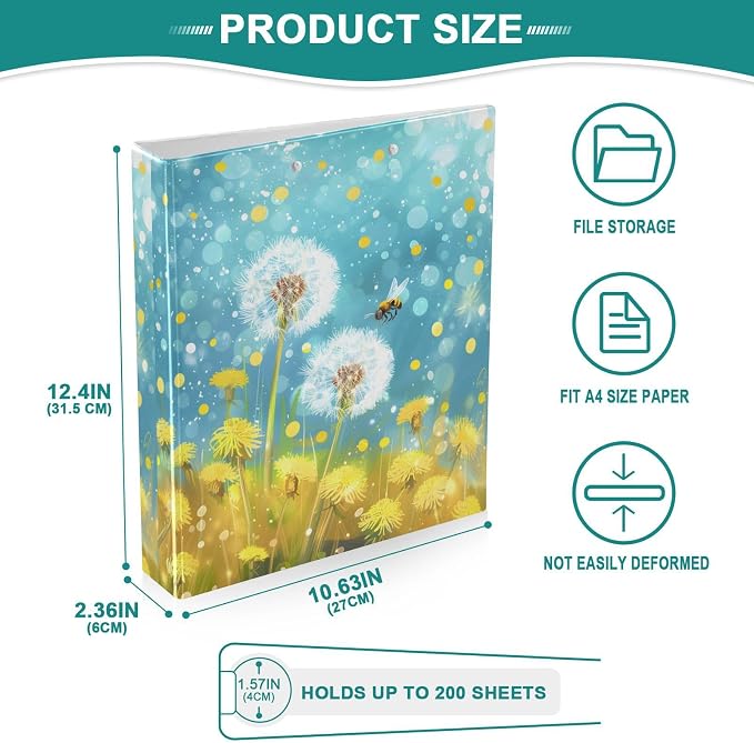 3 Ring Binder, Dandelion Bee Flower Theme File Folder Holds 200 Sheets File Storage for Women Men School Office Supplie