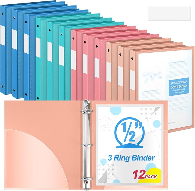 Henoyso 1/2 Inch 3 Ring Binders with Clear Front Cover and 2 Pockets, Round Ring Binders Fits 8.5'' x 11'' Letter Size Paper for School Office Supplies, 12 Pack (Assorted Vibrant Color)