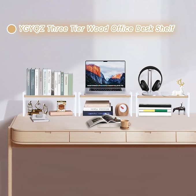YGYQZ Desk Shelf Organizer for Top of Desk, 3-Tier Desktop Bookshelf, White & Wood