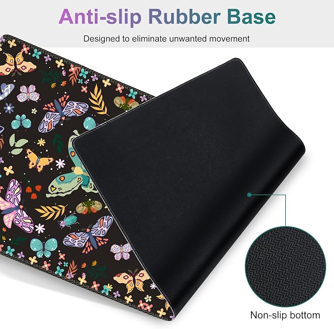 Desk Mat Pad, Gaming Mouse Pad Wrist Support Set, 4 in1 Non-Slip XXL Large Mousepad + Ergonomic Keyboard Wrist Rest+Mouse Wrist Rest+Coaster for Home Office Computer I Colorful Butterfly