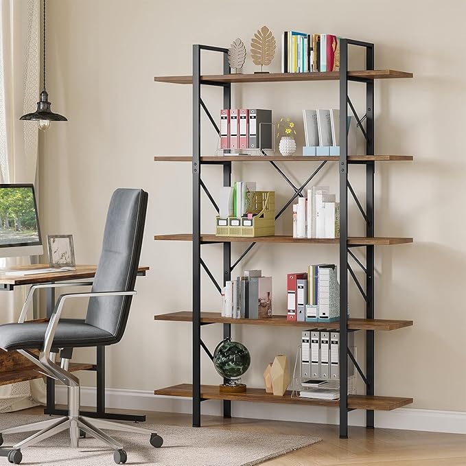 DWVO 5 Tier Bookshelf, 70.9" H Tall Bookcase Industrial Book Shelf Vintage Storage Organizer, Free Standing Storage Shelving Unit for Living Room, Bedroom, Home Office, Rustic Brown