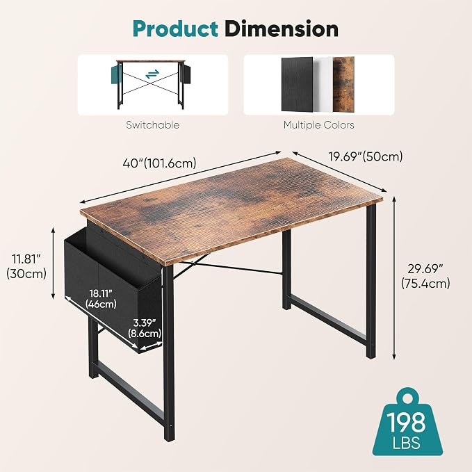 OLIXIS Small Computer Desk, 40 Inch Gaming Desks for Home Office | Writing Study Craft Work Table, Computer Workstation for Bedroom Small Spaces with Storage Bag, Brown