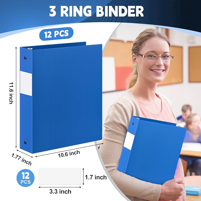 Henoyso 12 Pcs 1.5 Inch 3 Ring Binders, Letter Size,Blue | Binders Bulk, Holds 350 Sheets, Round Rings, Durable Flexible PP Plastic Covers, Pockets Labels, School Office Supplies