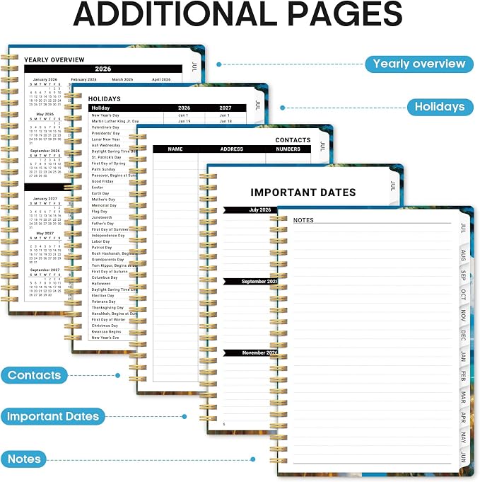 Planner 2026-2027, Monthly & Weekly Jul 2026-Jun 2027 Calendar Book | 6.3" x 8.5", Hardcover Spiral Planner with Tabs, School & Daily Pretty Agenda for Women, Students, Teachers, Coastal Breeze