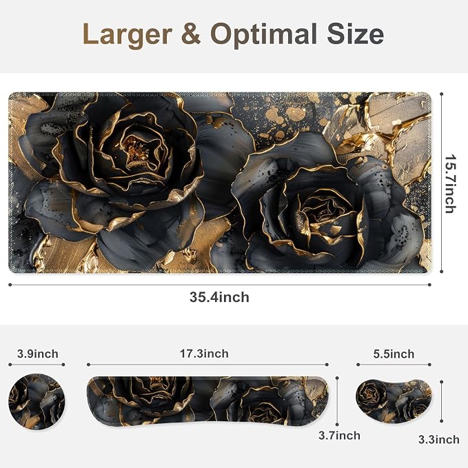 Desk Mat Pad, Gaming Mouse Pad Wrist Support Set, 4 in1 Non-Slip XXL Large Mousepad + Ergonomic Keyboard Wrist Rest+Mouse Wrist Rest+Coaster for Home Office PC Computer I Black Gold Floral