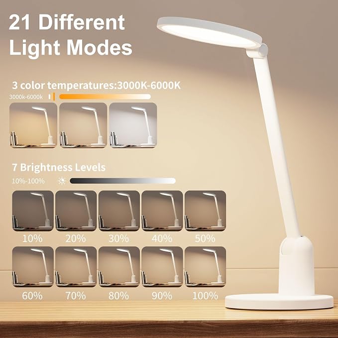 Kitloo Desk Lamps for Home Office with Stable Base, 1000LM Ultra Bright Eye-Caring Desk Light, 3000K-6000K Dimmable Table Lamp with Stepless Dimming & Timing Function for Work, Reading, Bedroom