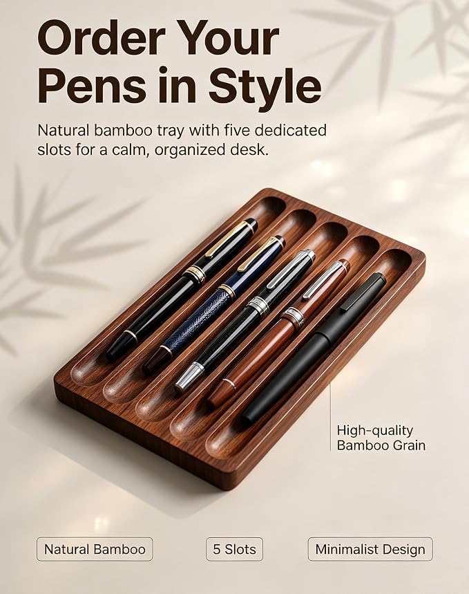 Pen holder Organizer of Office desks,Walnut Desk Pen Stand,Wave Pen TrayOffice Accessory,Teacher Gifts,Suitable for School,Home,Office Desktop Art Accessories (Walnut-5 Grid)