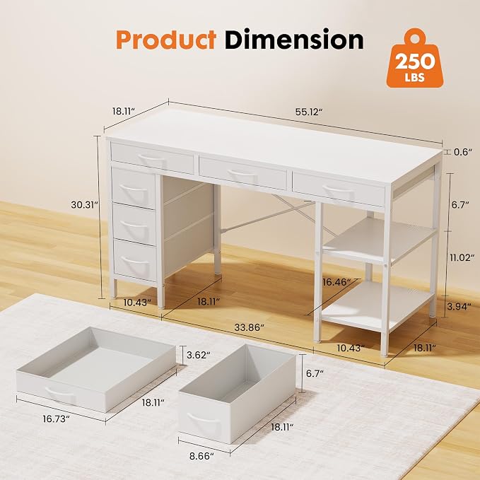 Sweetcrispy 55" Computer Desk with 6 Fabric Drawers & Storage Shelves | Reversible Gaming Desk, Office Desk, Computer Workstation, Corner Desk with Storage, Home Office, Living Room, White