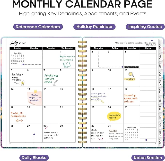 Taja Planner 2026-2027, Jul 2026-Jun 2027 Monthly & Weekly Calendar Planner | 6.3" x 8.5", Hardcover Academic Calendar, Teacher Student Agenda Book with Tabs, School Office Supplies, Lavender Whiskers