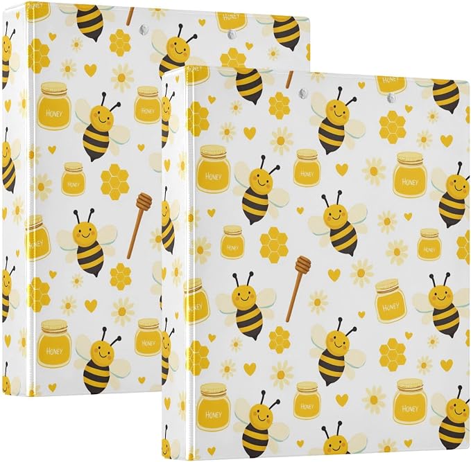 Aslsiy Bees Honey Flowers 3 Ring Binder 1.5 Inch Honey Pattern Round Clipboard Binder Decorative Harcover Binders Organizer for Office Supplies