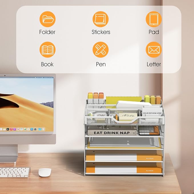 5 Tier Paper Letter Tray Desk Organizer with Pen Holders - White | Features 3 pen holders and 4 removable dividers.Versatile mesh desktop storage for mail, document,office supplie