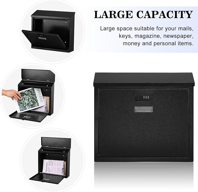 xydled Mail Boxes with Combination Lock,Locking Mailbox Wall Mounted,Security Metal Mailbox Drop Box, Modern Large Capacity,Steel Cover Metal Postbox for House Home Outside, Black, 14.2''x12.6''x4''