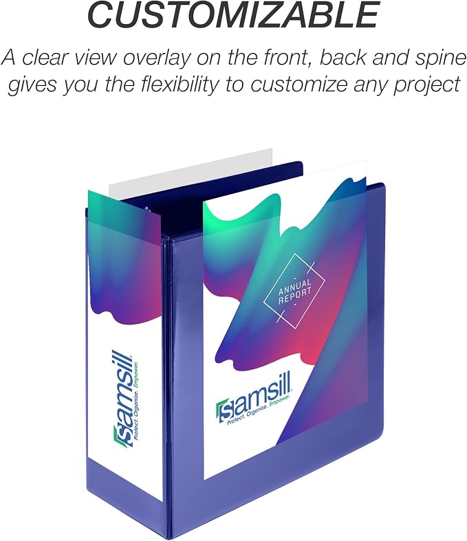 Samsill Durable 5 Inch 3 Ring Binder, D Ring Binder, Customizable Clear View, Blue, Holds 1070 Pages