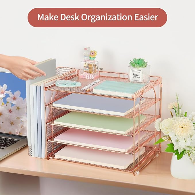 AUPSEN Rose Gold Desk Organizers and Accessories, 5-Tier Desktop Paper File Organizer with Removable File Holder, Desk Accessories & Workspace Organization for Home Office Supplies (Rose Gold)