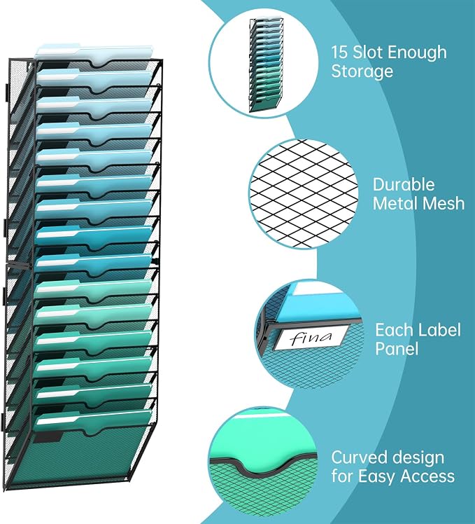 15-Tier Wall File Organizer, Hanging File Holder, Wall Mounted Mail Sorter | Metal Mesh Hanging File Organizer with Open Compartments and Label Panels for Papers and Folders at Home, Office or School