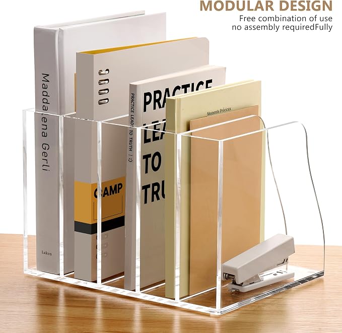 SANRUI Acrylic Magazine File Holder Desk Organizer, Clear 5 Compartments | Workspace Document Sorter, Vertical Folder Rack Binder for Office Home Classroom Tablet, Books & Accessories Storage