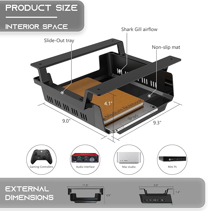 YaGee Under Desk Shelf, 2 Pack, Self-Adhesive Device Storage, Great Desktop Organizer Drawer for Work Stations, Stand Up Desks, Gaming Battlestations with Cable Management Raceway