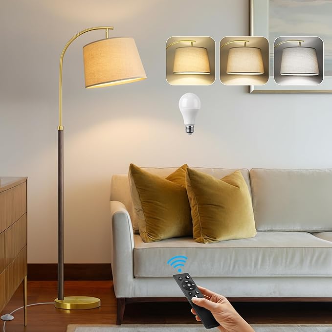 G-SAFAVA Real Wood Floor Lamps for Living Room Bedroom, 62.5" Mid Century Modern Lamp Gold Standing Tall Arc Lamps with Foot Switch, Floor Lamps for Nursery Office Decor Corner Reading Room Light
