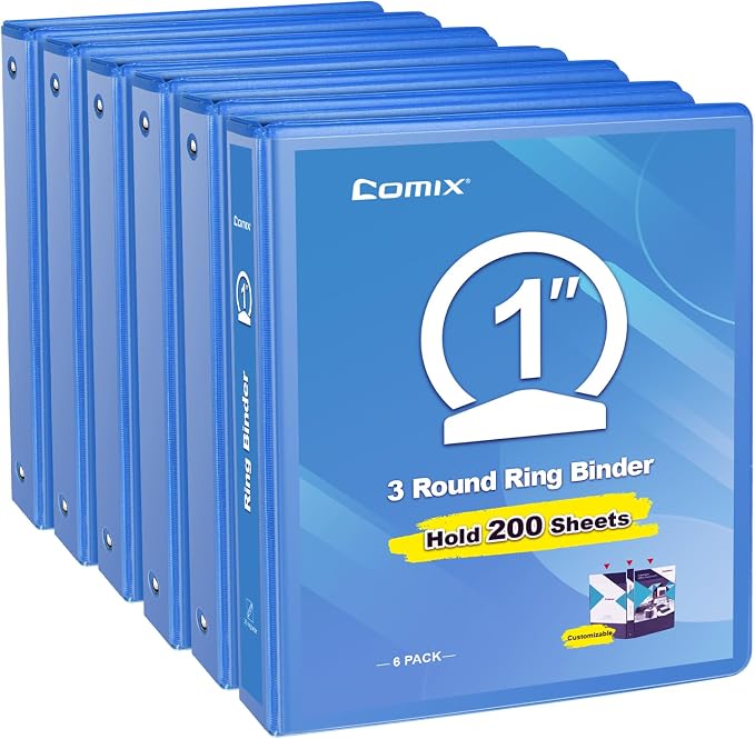 COMIX Sturdy 1 Inch 3 Ring Binder with Clear View Cover | 1"Heavy Duty Round Ring,PVC-Free Board,Holds 200 Letter Sheets,Wholesale for Offices & Classrooms,6 Pack (Light Blue)