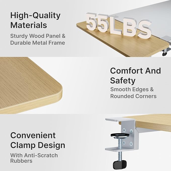 Desk Extender Tray, 24" x 12", with Storage Drawer, Medium, Wood | Desk Extension, Clamp on Desk Shelf, Clamp On Keyboard Tray for Office and Home, Workstation Organizer
