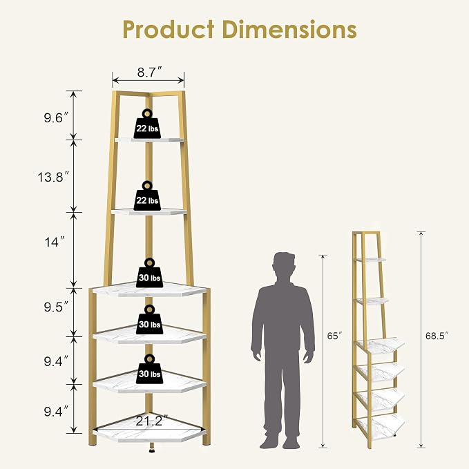 VECELO 6 Tier Corner Shelf 69 Inch Industrial Bookshelf with Metal Frame, Multipurpose Tall Plant Stand with Opening Display Shelves for Living Room, Bedroom, Home Office, Small Space, Gold