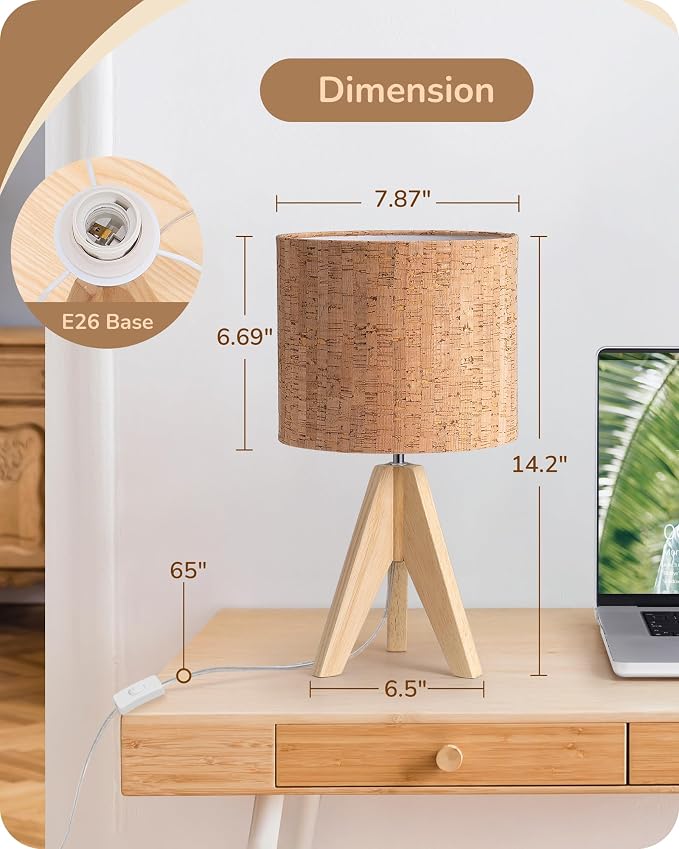 EDISHINE Small Table Lamp, Wood Tripod Nightstand Lamp, Bark Linen Shade | 14.2 Inch, Farmhouse Bedside Lamp for Nursery, Bedroom, Kids Room, Office, Reading Desk, E26 Socket, ON/Off Switch