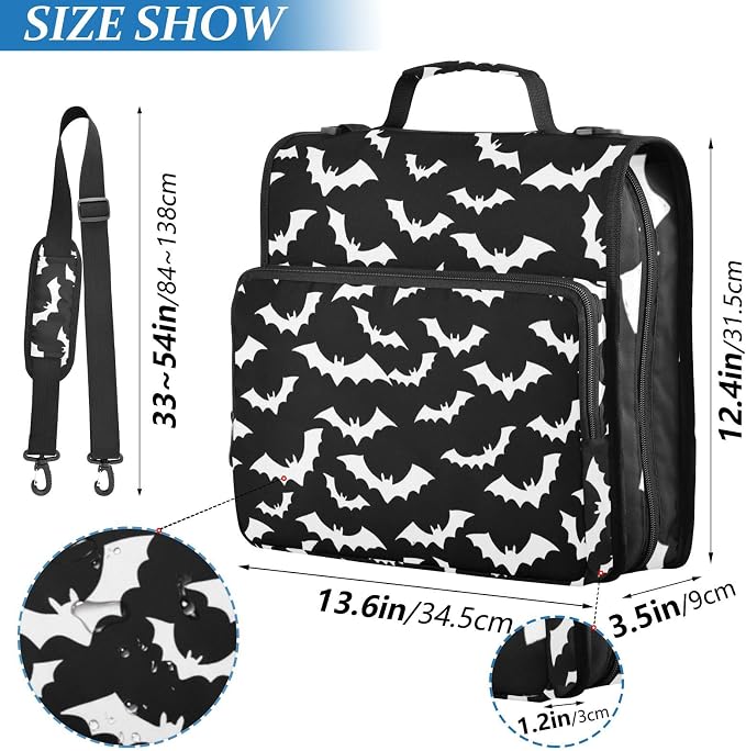 White Bat Black Print 3 Ring Binder Bag 1.5 inch Binder Organizer with Zipper Shoulder Strap 500 Sheet Documents Storage for School Office