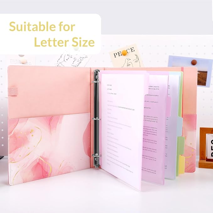 SKYDUE 1 Inch 3-Ring Binder with Clipboard, PU Binder with 5 Dividers, Notepad, Stickers & Pockets for Work and School - Aesthetic Binder (Letter Size)