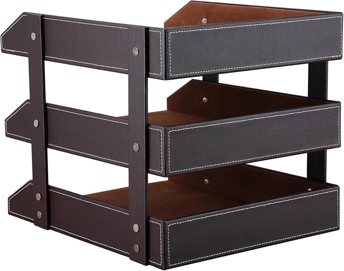 Letter Tray, Leather Paper Organizer Tray, Wooden Desk File Holder, Desktop File, Stackable Magazine Holder, Mail Sorter, Great for Home or Office - 3 Level Brown