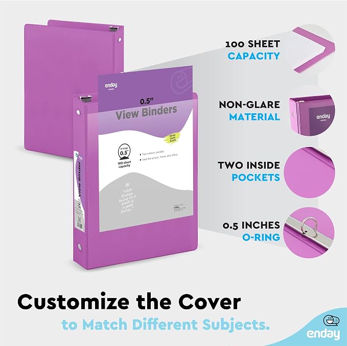 Enday 1/2 inch Binder 3 Ring Binder (24 Pack - Purple) O-Ring Binder with Clear View Cover and 2 Inside Pocket - for Letter Size 8.5 x 11'' Paper, Ideal for School Supplies, Office, and Home