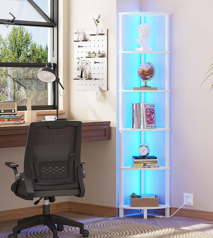 VIMBER Corners Shelf with LED Light, 6-Tier Corner Bookshelf, Industrial Corner-Ladder Shelf, Modern Display Shelf for Living Room, Bedroom, Kitchen, Home Office, Sturdy Frame, White UJSJ002W