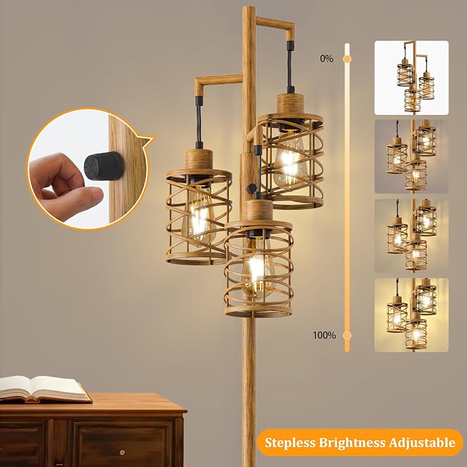 70" Industrial Floor Lamp, Stepless Dimmable Standing Lamp with 3 Bulbs, Farmhouse Corner Standing Tree Lamp for Living Room, Tall Lamps for Bedroom, Office, Study Room, Dining Room, Wood Grain