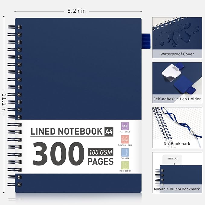 AHGXG Spiral Notebook College Ruled - Spiral Journal Notebook 8.5" x 11" Large A4, 300 Pages Lined Journal, 100GSM Thick Paper, Plastic Hardcover, for Women Men Office School Writing Work, Bule