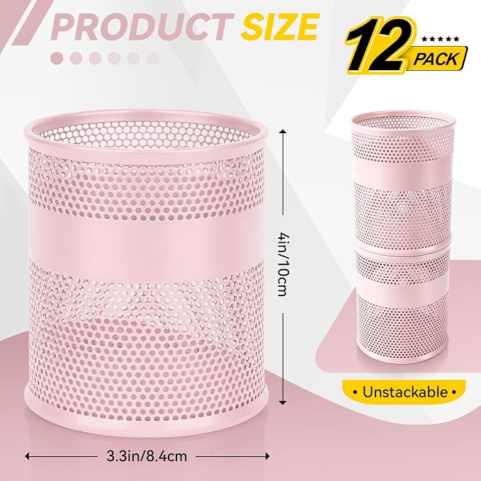 Segarty Pen Holder, 12 Pack Pink Pencil Holder, 3.3 x 3.9 inch Pens Cups, Round Metal Pencils Container Desktop Organizer for Office Supplies, School Classroom, Makeup Brush
