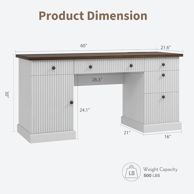 IDEALHOUSE 60 Inch Modern Executive Desk with Charging Station, USB-C/A Ports & 6.56ft Cord - Walnut & White Fluted Wood Office Desk with File Drawers, Sturdy Computer Desk for Home Office