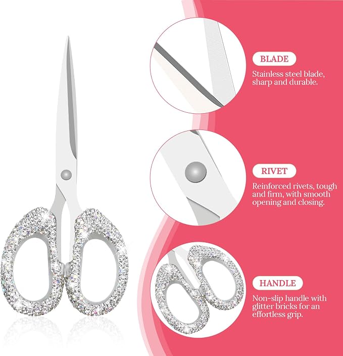 MultiBey Bling Silver Rhinestone Desk Accessories Set, 4 Pcs | Crystal Office Stationery Kit with Drawer Organizer, Paper Clip Holder, Scissors & Diamond Pen Desktop Decor & Gift for Women