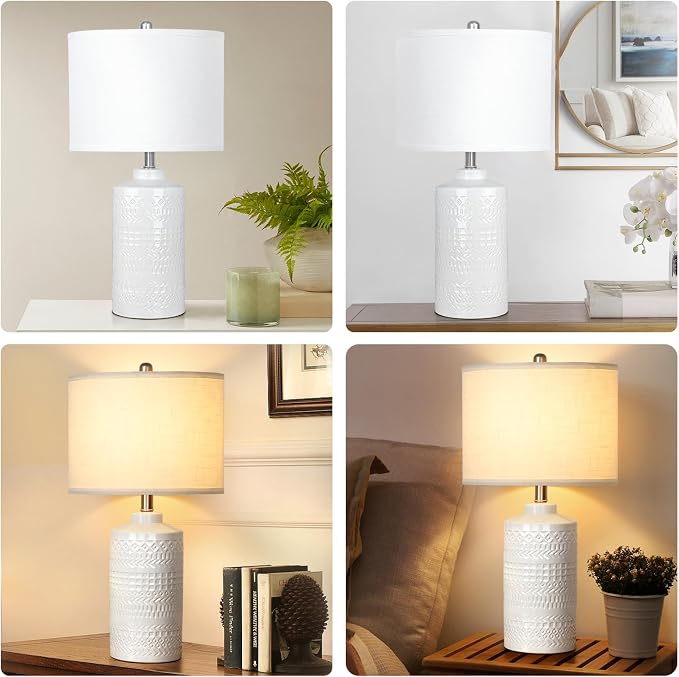 JUNNAI 24.5" White Ceramic Table Lamp 3-Way Dimmable Nightstand with White Linen Shade Bedside Lamp for Bedrooms & Living Room Office Reading(Bulb Included)