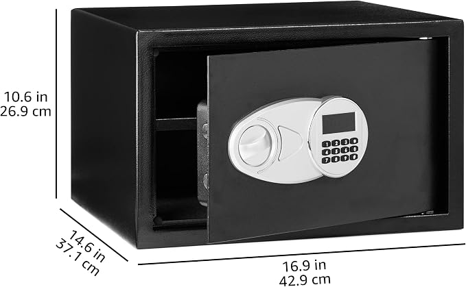 Amazon Basics Steel Security Safe and Lock Box with Digital Keypad, Easy to Use, Removable Shelf, Secure Cash, Jewelry, Documents, Black, 1.2 Cubic Feet, 16.9-x-14.6-x-10.6-inches (WxDxH)
