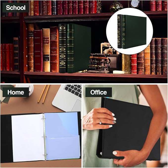 LETVPVOW 2 Pcs Vintage Hardback 3 Ring Binder 1 Inch, Professional Leather Binder 3 Ring, Three Ring Binders Fits 8.5 x 11, D Ring Binders for Home, School and Office- (1 Black and 1 Dark Green)
