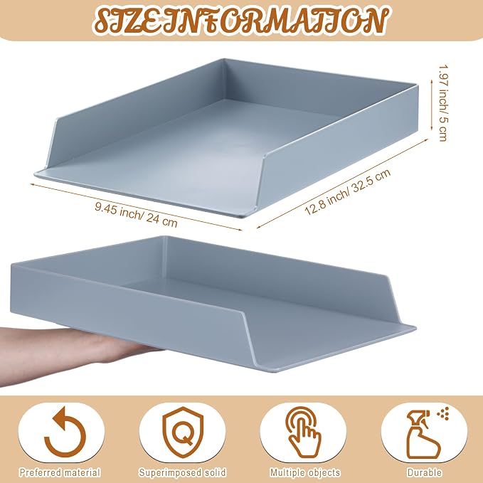 4 Pcs Stackable Paper Trays Rectangular Plastic Desk Holder Desktop Document File Organizer Storage Letter for Office Classroom (Gray)