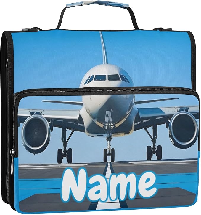 Custom White Airplane Aircraft 3 Ring Binder Bag 1.5 inch Personalized Name Binder Organizer 500 Sheet Documents Storage for School Office