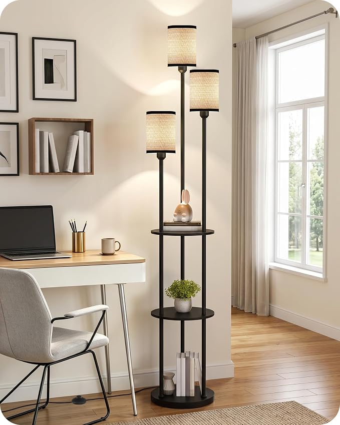 Floor Lamp with Shelves, for Living Room, 3-Light Standing Lamp | Modern Floor Lamp with Foot Switch, 3-Tier Shelf, 70.9" Tall Lamp, for Bedroom, Study, Office, Black and Yellow YB53LD05