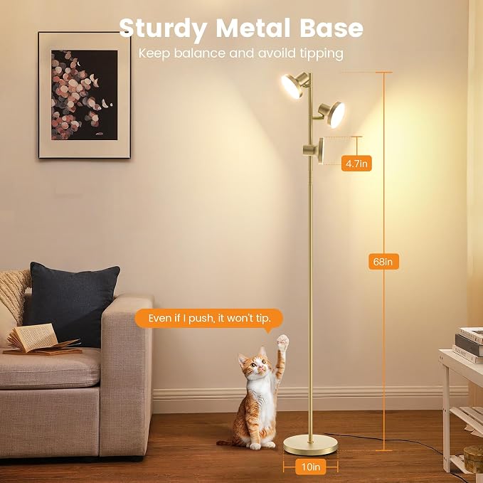 36W LED Tree Floor Lamp, Modern Dimmable Standing Lamp with Remote & Touch Control, 4 Color Temperatures, 3 Rotatable LED Light Floor Lamps for Living Room, Bedroom, Office