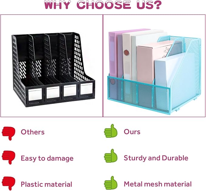 Desk Organizers, Metal Magazine File Holder with 4 Vertical Compartments Rack Binder File Organizer for Office Supplies, Home Workspace - Blue